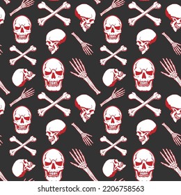 Patrón sin fisuras de Halloween. Calaveras y huesos sobre un fondo oscuro. Ilustración del vector