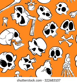 Halloween seamless pattern with skulls and bones. Background with parts of skeleton in doodle style. Vector illustration in doodle style. Design for wrapping, cards, backdrops, posters