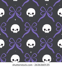 Halloween seamless pattern with skulls and bows. Vector graphics.