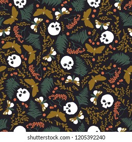 Halloween. Seamless pattern with skulls, butterflies, moths, ferns, berries. Vector illustration.