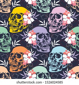 Halloween seamless pattern with skulls and flowers. October vector holiday background.Textile texture