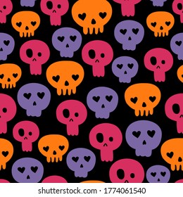 Halloween seamless pattern with skulls on a black background.Vector flat illustration. Cartoon style. For textiles, fabric, wrapping paper.