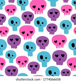 Halloween seamless pattern with skulls on a white background.Vector flat illustration. Cartoon style. For textiles, fabric, wrapping paper.