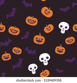 Halloween seamless pattern. Skulls, pumpkins and bats. Cute illustrations. Background texture.