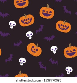 Halloween seamless pattern. Skulls, pumpkins and bats. Cute illustrations. Background texture.