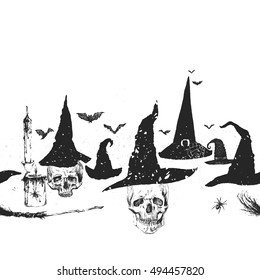 Halloween Seamless Pattern with skulls pumpkins autumn leaves bats spiders
