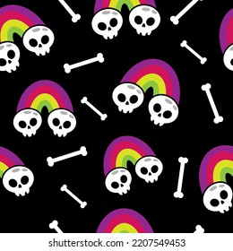 Halloween seamless pattern with skulls, rainbows and bones. Spooky digital scrapbooking paper on black background.