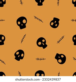 Halloween seamless pattern with skulls and scars. Modern design for clothes, fabric, paper, cover, interior decoration. Traditional Orange background.  Vector texture. EPS 10.