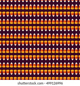 Halloween seamless pattern with small candy corns sweets on dark background. Holiday trick or treat concept. Vector illustration