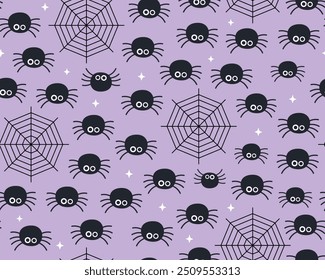 Halloween seamless pattern. Small cute spiders and webs on a purple background. Design for wrapping paper, textile. Lots of small black spiders.