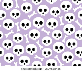 Halloween seamless pattern. Small cute white skulls and bones on a purple background. Halloween seamless pattern.  Lots of skulls and bones. Design for wrapping paper, textile.