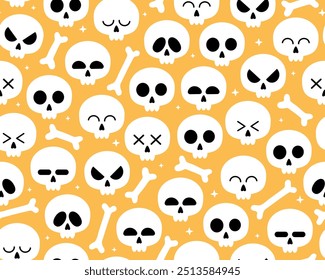 Dia das Bruxas padrão perfeito. Pequenos crânios brancos bonitos e ossos em um fundo laranja. Muitos crânios diferentes, rostos felizes, tristes, com raiva e envergonhados. Padrão engraçado para embrulhar papel, têxtil.