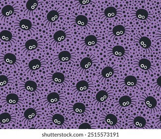 Halloween seamless pattern. Small cute spiders and many black spots. Design for wrapping paper, textile. Lots of small black spiders on a purple background.