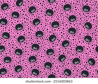Dia das Bruxas padrão perfeito. Pequenas aranhas bonitinhas e muitas manchas pretas. Design para embrulhar papel, têxtil. Muitas pequenas aranhas pretas em um fundo rosa.