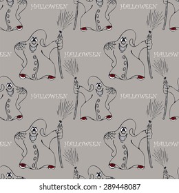  halloween seamless pattern with smile ghost with broom