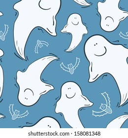 Halloween seamless pattern with smiling ghosts and bats, vector illustration