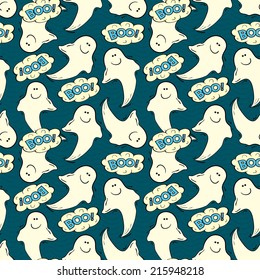 Halloween seamless pattern with smiling ghosts, vector illustration