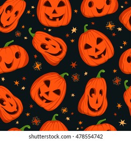 Halloween seamless pattern with smiling pumpkin. 