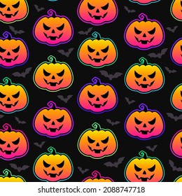 halloween seamless pattern with smiling pumpkins and bats