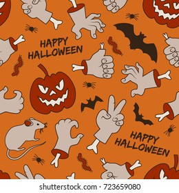 Halloween seamless pattern with smiling red lanterns of jack hands with bones on orange background vector illustration