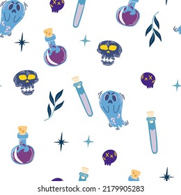 Halloween seamless pattern. Snake, skulls, eyes, flowers and potion. Design for Halloween, invitation cards, greeting cards, printing. Vector hand draw illustration isolated on the white background