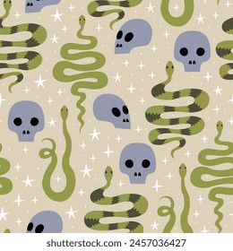 Halloween seamless pattern with snakes and skulls. Mystical vector flat background