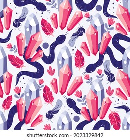 Halloween seamless pattern with snakes,crystals and flowers.Vector abstract background.Textile texture.Abstract,snake,crystal,flowers