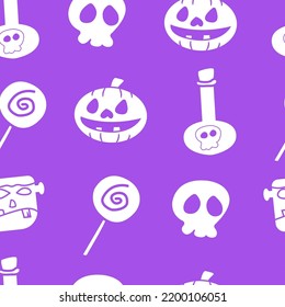 Halloween Seamless Pattern With Spell Bottle, Pumpkin, Frankenstein, And More. Halloween Seamless Purple Background. Ready For Printing. Easy To Edit
