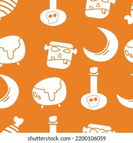 Halloween Seamless Pattern With Spell Bottle, Frankenstein, Candy, And More. Halloween Seamless Orange Background. Ready For Printing. Easy To Edit
