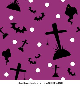 Halloween seamless pattern with spider, bats, ghost and gravestone on red-violet background.Vector illustration.