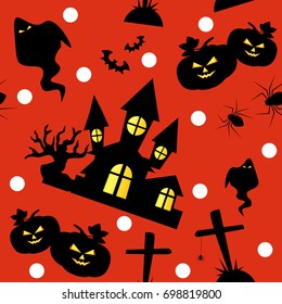 Halloween seamless pattern with spider, castle, bats, pumpkins, ghost and gravestone on red-orange background.Vector illustration.