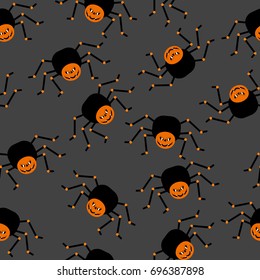 Halloween seamless pattern with spider. Festive decoration of advertising and congratulatory products. Flat vector cartoon illustration. Objects isolated on grey background.