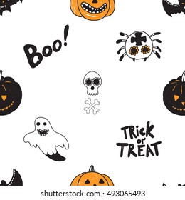 Halloween seamless pattern with spider, ghost, bat, trick or treat slogan, boo inscription, pumpkin, mexican skull with crossbones. Beautiful vector background for decoration halloween designs.