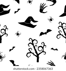 Halloween seamless pattern with spider, halloween hat, tree, bat. Vector illustration.