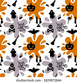 Halloween seamless pattern with a spider net, candles, ghost, bat, pumpkin, skull and crossbones on white background. Children design for clothes, wrapping paper, textile, fabric. Vector illustratio