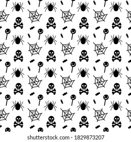 Halloween seamless pattern with a spider, net, candies, skull and crossbones on white background. Children design for clothes, wrapping paper, textile, fabric, wallpaper. Vector illustration