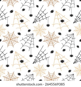 Halloween seamless pattern with spider and spiderweb. Spooky Halloween hand drawn vector pattern in flat style