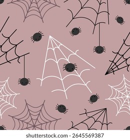 Halloween seamless pattern with spider and spiderweb. Spooky Halloween hand drawn vector pattern in flat style