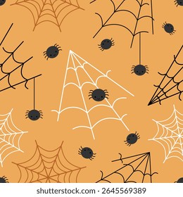 Halloween seamless pattern with spider and spiderweb. Spooky Halloween hand drawn vector pattern in flat style