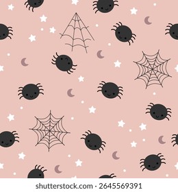 Halloween seamless pattern with spider and spiderweb. Spooky Halloween hand drawn vector pattern in flat style