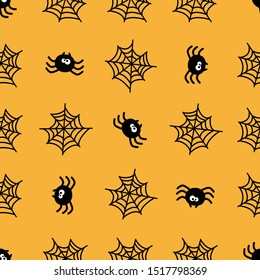 Halloween seamless pattern. Spider and web in yellow background.