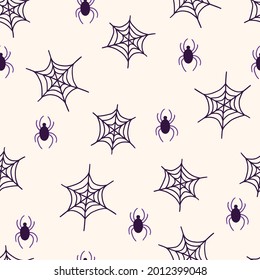 Halloween seamless pattern with spider and web on white background. Perfect for autumn holidays, wallpaper, wrapping paper, fabric. Vector illustration