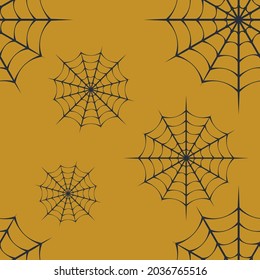 Halloween seamless pattern with spider web. Vector illustration in black on a yellow background. Banner, invitations, wallpaper, wrapping paper, decorations for Halloween party