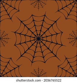 Halloween seamless pattern with spider web. Vector illustration in black on a orange background. Banner, invitations, wallpaper, wrapping paper, decorations for Halloween party