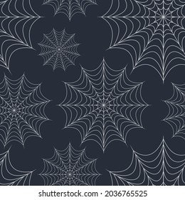 Halloween seamless pattern with spider web. Vector illustration in white on a grey background. Banner, invitations, wallpaper, wrapping paper, decorations for Halloween party