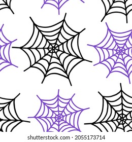 Halloween seamless pattern with spider web. Hand drawn sketch style on white. Line art. Vector background