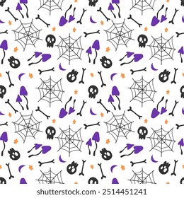 Halloween seamless pattern with spider web, bone, skull, moon and star. For web backgrounds, fabrics, wrapping paper, decoration. Stock image isolated on white background, in doodle style