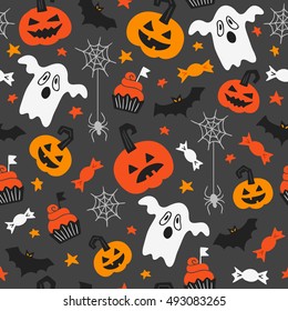 Halloween seamless pattern with spider, web, candy, pumpkin, cupcake, bat, stars and ghost. Perfect for greeting cards, wallpaper, wrapping paper, pattern fills, web page background