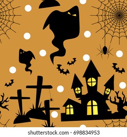 Halloween seamless pattern with spider web, castle, bats, pumpkins and gravestone on yellow background.Vector illustration.
