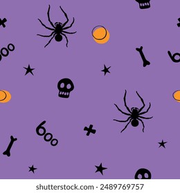 Halloween seamless pattern with spiders, bones, skulls, other holiday symbols. Vector illustration, wrapped paper, background and texture in flat doodle style, isolated.